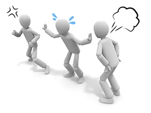 怒りマークや汗を浮かべて激しく言い争いをしている3人の白い3Dの人物