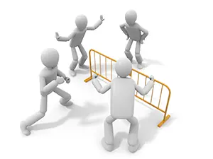 バリケードを挟んで互いにファイティングポーズで威嚇し合っている白い3Dの人物たち