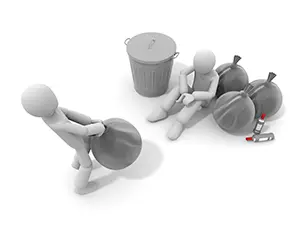 座っている人が持つゴミ袋を立っている人が無理やり奪おうとする白い3Dの人物