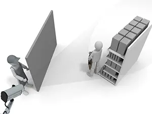 監視カメラと壁の陰の警備員に見張られている買い物中の白い3Dの人物