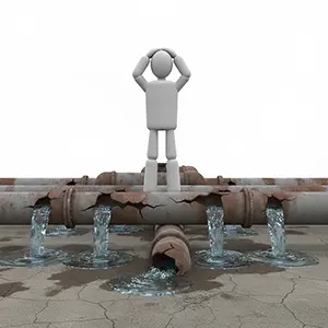 配管からの水漏れトラブルに困る3D人物のCGイラスト