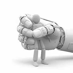 巨大なロボットアームに掴まれてひび割れる3D人物のCGイラスト