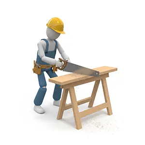 ヘルメットをかぶりノコギリで木材を切っている大工風の3D人物イラスト