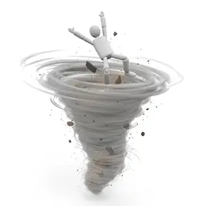 巨大な竜巻の渦に巻き込まれて空中に飛ばされる3D人物のCGイラスト