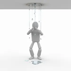 天井からの雨漏りで水に濡れて悲しむ3D人物のイラスト