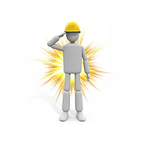 黄色いヘルメットを着用し背景に効果線を背負って敬礼する3D人物のCGイラスト