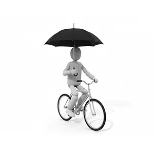 自転車に乗りながら黒い傘をさしている片手運転の3D人物のCGイラスト