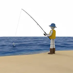 海岸で釣り竿を引き魚を釣り上げている3D人物のCGイラスト