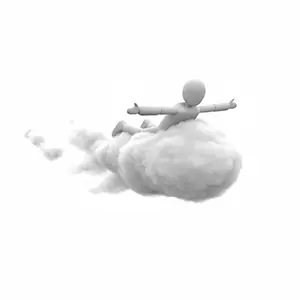 白い雲の上に乗って両手を広げ空を飛んでいる3D人物のCGイラスト