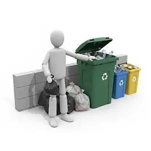 分別用ゴミ箱の前でゴミ袋を持って立っている3D人物のCGイラスト