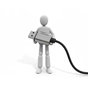 巨大なUSBケーブルの端子を両手で持っている3D人物のCGイラスト