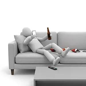 ソファーで寝転んでスマホを見ながらビールを飲む3D人物のCGイラスト
