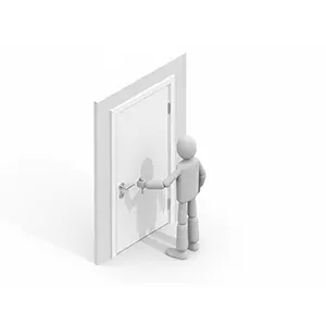 ドアの鍵穴に鍵を入れて開け閉めしている3D人物のCGイラスト