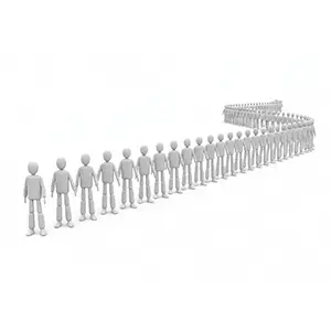 蛇行しながら長く続く行列に並んでいるたくさんの3D人物のCGイラスト