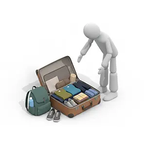 開いたスーツケースに荷物を詰めて旅行の準備をしている3D人物のCGイラスト