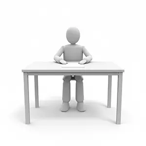 机に置かれた書類に手を置き正面を向いて座る3D人物のCGイラスト