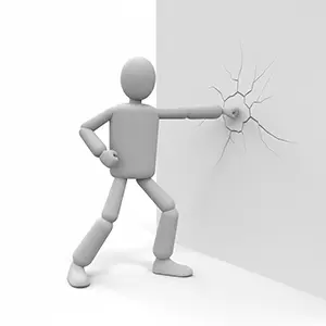 壁を拳で殴ってヒビを入れている怒った様子の3D人物のCGイラスト