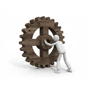 大きな木製の歯車を手で押して回そうとしている3D人物のCGイラスト