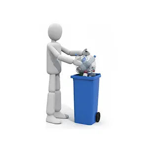 ペットボトルが入ったゴミ袋を青いゴミ箱に捨てている3D人物のCGイラスト