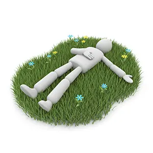 花が咲く草原に仰向けで寝転んでリラックスしている3D人物のCGイラスト