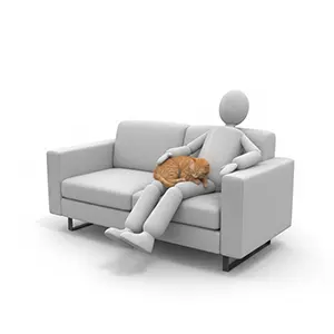 ソファーに座って膝の上の猫を撫でる3D人物のCGイラスト
