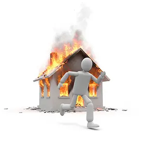 火災が発生した家から全力で走って逃げる3D人物のCGイラスト