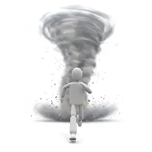 巨大な竜巻に追われ必死に走って逃げる3D人物のCGイラスト