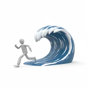 背後から迫る巨大な津波から必死に走って逃げる3D人物のCGイラスト
