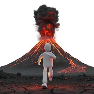 噴火する火山と溶岩から走って逃げる3D人物のCGイラスト