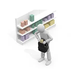 お店の棚から商品を盗んでバッグに入れる万引き犯の3D人物CGイラスト