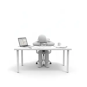 オフィスのデスクで疲れて突っ伏して寝ている3D人物のCGイラスト