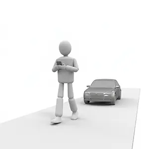 歩きスマホをしていて後ろからの車に気づかない3D人物のCGイラスト