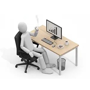 デスクでパソコン作業をしながら喫煙している3D人物のCGイラスト