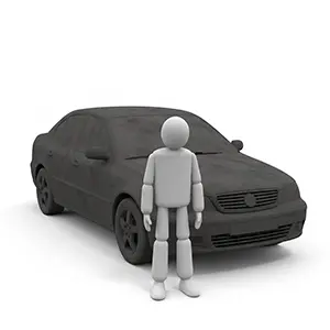 煤や泥でひどく汚れた黒い車の前に立っている3D人物のCGイラスト