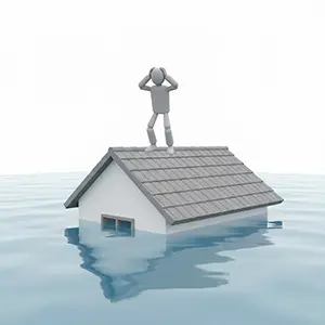 水没した家の屋根の上で頭を抱えて救助を待つ3D人物のCGイラスト