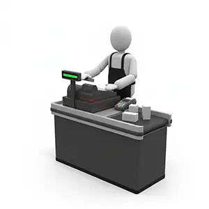 スーパーのレジで商品の会計をしている店員姿の3D人物イラスト