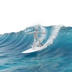 大きな波でサーフィンをしてバランスをとる3D人物のCGイラスト