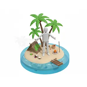 ヤシの木がある無人島でキャンプ生活をしている3D人物のCGイラスト