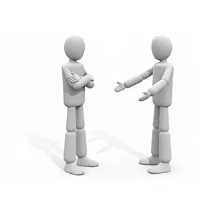 向かい合って腕組みをしながら議論や交渉をしている2人の3D人物のCGイラスト