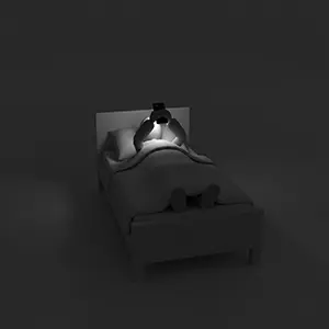 暗い寝室のベッドの中でスマートフォンを操作している3D人物のCGイラスト