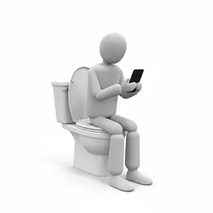 トイレの便座に座ってスマートフォンを見ている3D人物のCGイラスト