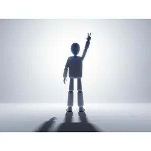 逆光のシルエットで右手を挙げてピースサインをしている3D人物のCGイラスト