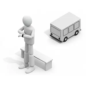 バス停の前で腕時計を見て時間を確認している3D人物のCGイラスト