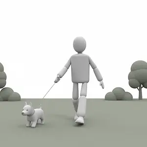 リードを持って犬の散歩をしている3D人物のCGイラスト