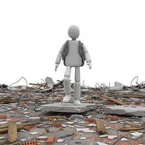 地震などの災害で荒廃した瓦礫の上を歩く3D人物のイラスト