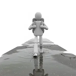 水たまりの道をリュックを背負って歩く避難中の3D人物のCGイラスト