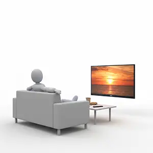 ソファーに座ってテレビ画面の夕日を眺める3D人物のCGイラスト