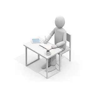 机でノートにペンでメモを書き勉強や仕事をしている3D人物のCGイラスト