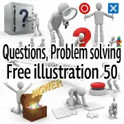 Thumbnail displaying a collection of 50 free 3D man illustrations themed around questions, quizzes, and problem solving for business.