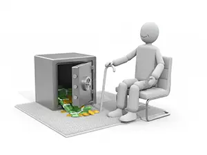 現金が入った金庫の横に座る杖を持った高齢者の3D人物イラスト